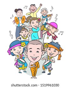 Image of cartoon characters showing various gestures with music notes.hand drawn style vector design illustrations.