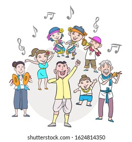Image of cartoon characters showing various gestures with music notes on a white background. hand drawn style vector design illustrations.
