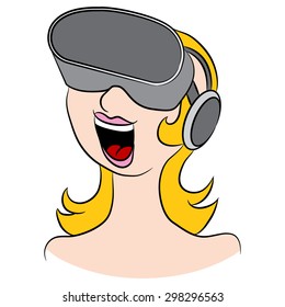 An image of a cartoon female wearing virtual reality glasses.