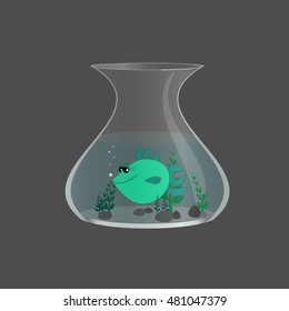 image cartoon fish in aquarium with algae and pebbles