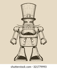 Image of cartoon fun metal robot with mustache in hat-cylinder. Vector illustration.