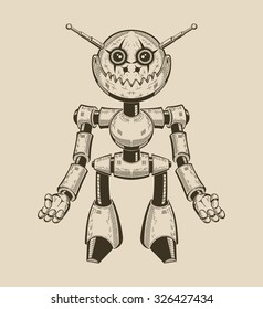 Image of a cartoon fun metal robot with antennas. Vector illustration.