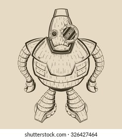 It is an image of cartoon  funny iron robot. Vector monochrome illustration.
