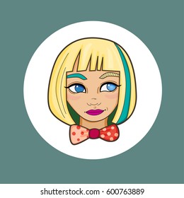 Image of cartoon girl with colorful hair and bow tie in colored circle. Perfect for textile or gift wrap, postcard and fabric design. Vector illustration with hipster girl on the color background.