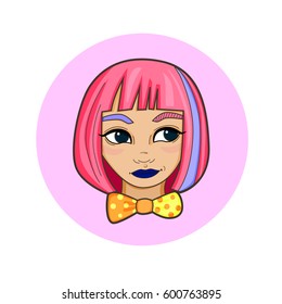 Image of cartoon girl with colorful hair and bow tie in colored circle. Perfect for textile or gift wrap, postcard and fabric design. Vector illustration with hipster girl on the color background.