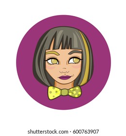 Image of cartoon girl with colorful hair and bow tie in colored circle. Perfect for textile or gift wrap, postcard and fabric design. Vector illustration with hipster girl on the color background.