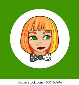 Image of cartoon girl with colorful hair and bow tie in colored circle. Perfect for textile or gift wrap, postcard and fabric design. Vector illustration with hipster girl on the color background.