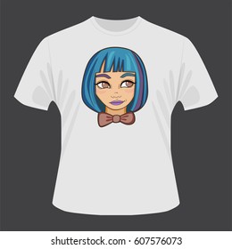 Image of cartoon girl with colorful hair and bow tie on the grey background. Perfect for textile or paper wrap, postcard and fabric design. Vector illustration with hipster girl on the white T-shirt.
