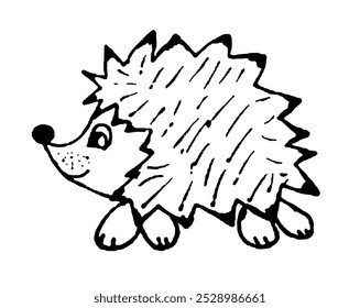 
image of a cartoon hedgehog, black outline on a white background, vector