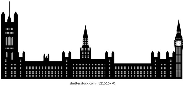 Image of cartoon Houses of Parliament and Big Ben silhouette. Vector illustration isolated on white background.