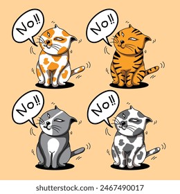 The image is a cartoon illustration featuring four cats with different fur patterns and colors. Each cat is sitting and has an annoyed or grumpy facial expression.