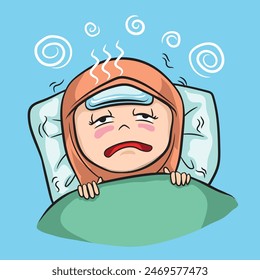 The image is a cartoon illustration of a young girl wearing a hijab, lying in bed with a thermometer on her forehead, indicating that she is unwell.