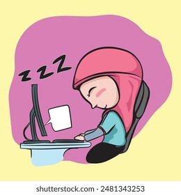 The image is a cartoon illustration of a young girl wearing a hijab, sleeping at her desk in front of a computer. Her head is resting on the keyboard, and there are "zzz" symbols above her, indicating