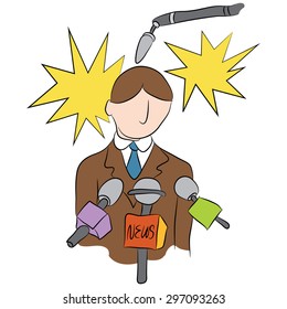 An image of a cartoon man answering questions at a news press conference.