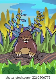 An image of a cartoon mole. Images for children. Kindergarten. Wall art. Printing. Postcard. Design. Flat design.  