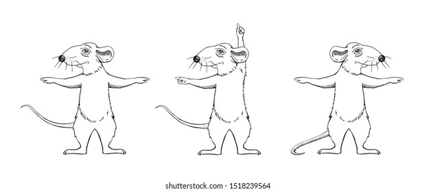 Image of a cartoon rat. Sketch. Gymnastics. Black and white image. Set.