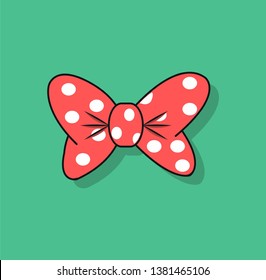 Image of a cartoon red bow with shadow on a green background. Vector illustration EPS 10.