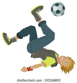 image of a cartoon soccer boy shooting the ball upside down