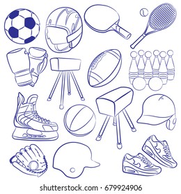 Image is a cartoon vector illustration of sporting icons set. Filled with various different popular sporting equipments.