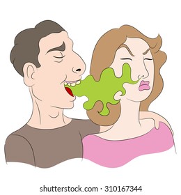 An image of a cartoon of a woman noticing a man has bad breath.