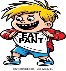 The image is a cartoon-style illustration of a young boy with spiky blonde hair, wearing a red jacket, blue shorts, and blue sneakers. He has a big, mischievous grin and is holding up his white T-shir