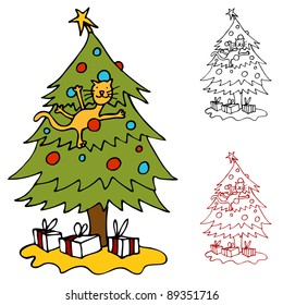 An image of a cat climbing a Christmas tree.