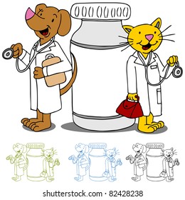 An image of cat and dog doctors next to a bottle of medicine.