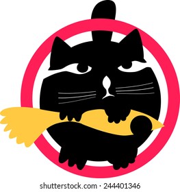 Image of a cat and a fish in a circle. For stickers, T-shirts, cups.