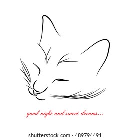 Image of cat muzzle with long whiskers isolated on the white background. Vector illustration.