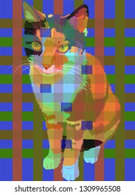 The image of a cat on a colored background with squares and cages. Pet cat in the form of a poster.
