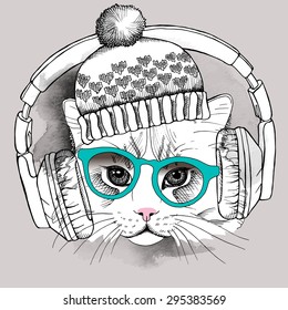 Image cat portrait in a hat and headphones. Vector illustration.