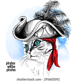 Image cat portrait in a pirate hat and bandana on blue background. Vector illustration.