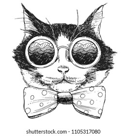 Image cat portrait with sunglasses and tie. Vector illustration.