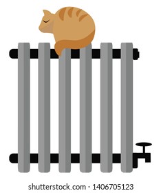 It is an image of a cat sitting on a heating radiator, vector, color drawing or illustration. 