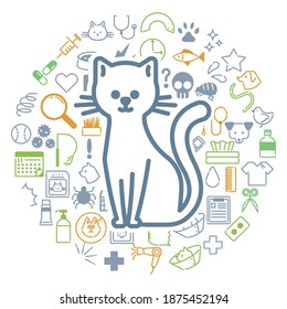 Image of cat surrounded by pet-related icons