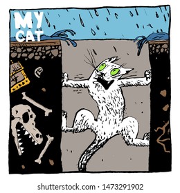 Image of a cat who is stuck in the sewer. Color illustration, perfect for use in publications, packaging, posters, souvenirs, t-shirt prints.