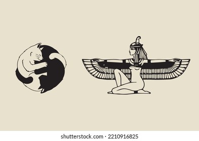 The image of cats in the form of a Yin yang sign and Egyptian symbols