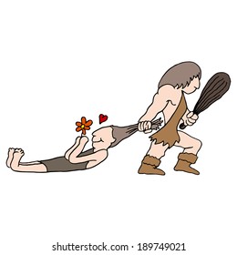 An image of a caveman dragging his mate by the hair.