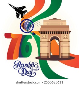 The image celebrates India's 76th Republic Day with India Gate Ashoka Chakra Tricolor and jet fighter symbolizing history unity strength and patriotic pride






