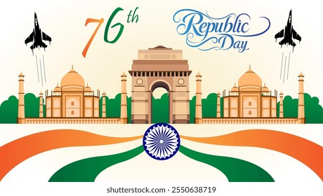 La Imagen celebra el 76º Día de la República de la India con el Taj Mahal Tricolor India y aviones de combate que simbolizan la unidad patrimonial y la fortaleza militar