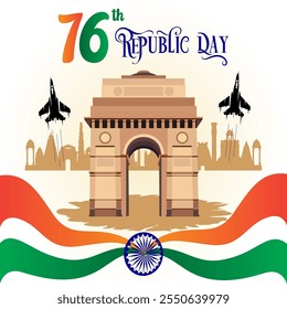 La Imagen celebra el 76º Día de la República de la India con los aviones de combate Taj Mahal de la Puerta Tricolor de la India y el texto del 76º Día de la República que simboliza el orgullo y la unidad






