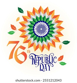 A imagem celebra o 76º Dia da República da Índia com o Ashoka Chakra no centro de um desenho floral tricolor folhas espalhadas simbolizando o crescimento e um texto patriótico vibrante






