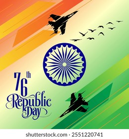 La Imagen celebra el 76º Día de la República de la India con la Tricolor en un patrón de rayas de aviones de combate Ashoka Chakra que simboliza la fuerza para la libertad y el texto patriótico