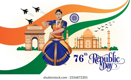 The image celebrates India's 76th Republic Day featuring an Indian dancer fighter jets iconic landmarks like the Taj Mahal and India Gate flying pigeons and tricolor themes