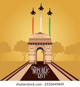 La Imagen celebra el Día de la República de la India con la Puerta de la India tres aviones de combate dejando rastros de humo blanco y verde azafrán y el texto del Día de la República simbolizando el patriotismo