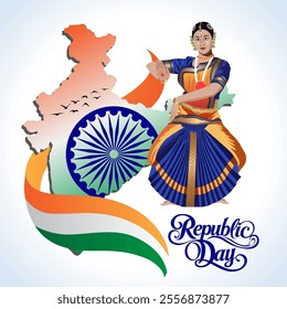The image celebrates India's Republic Day with Republic Day text flying jets iconic landmarks like the Taj Mahal and India Gate pigeons for peace and tricolor hues
