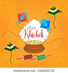 The image celebrates Khichdi with colorful kites thread reels traditional sweets and Happy Khichdi in festive font set against a vibrant orange background with mandala patterns






