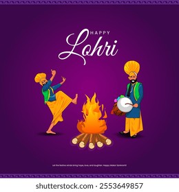 The image celebrates Lohri with a glowing bonfire a dancer in traditional Punjabi attire and a dhol player Happy Lohri text and vibrant colors reflect festive joy