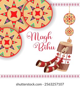 The image celebrates Magh Bihu with traditional Assamese elements including a Dhol Pepa intricate ornamental designs and the festive greeting Magh Bihu  reflecting cultural joy and excitement