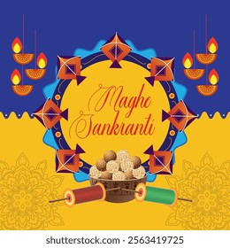 The image celebrates Magh Sankranti featuring colorful kites lit diyas thread reels traditional Indian sweets and mandala patterns capturing the festive joy and cultural essence
